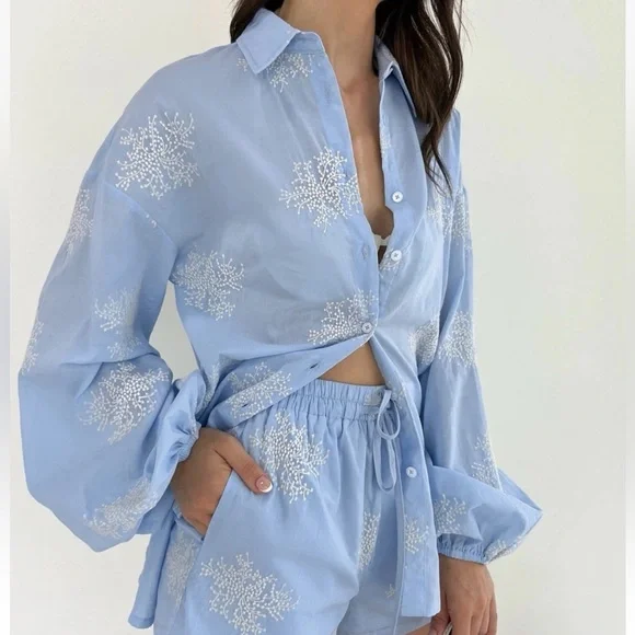 Commense M Semi-Sheer Plant Embroidery Casual Shorts Set Blue cc4 - Picture 3 of 8